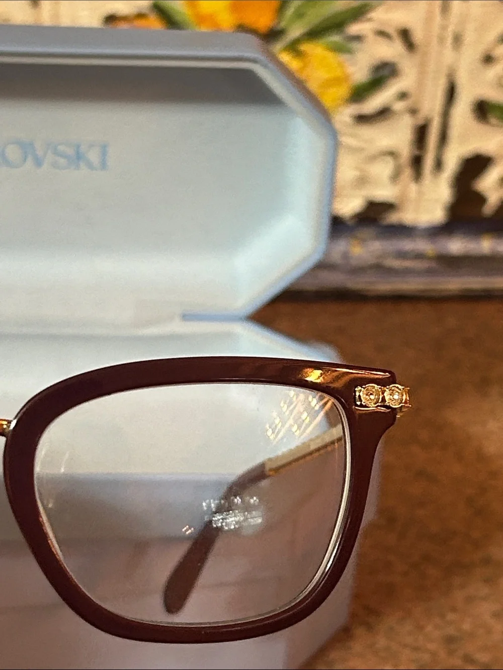 Swarovski Deep Burgundy and Gold Women's Eyeglasses with Crystal Detail